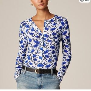 J. Crew White Button-Front Top with Blue Floral Print